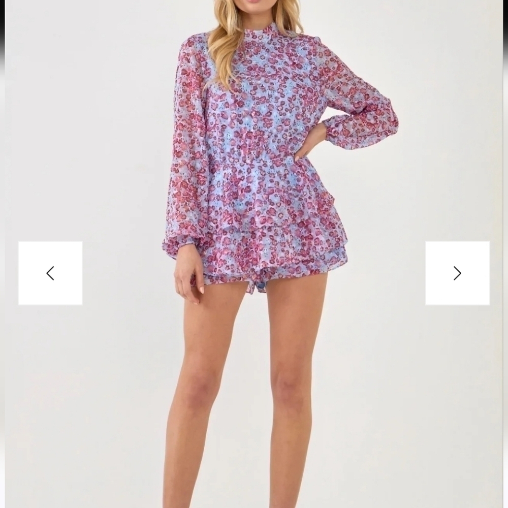 Endless Rose size small floral romper with back opening and tie around neck